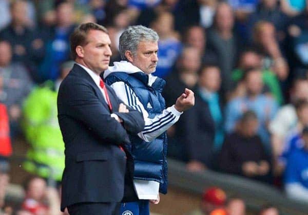 LIVERPOOL, ENGLAND - Sunday, April 27, 2014: Liverpool's manager Brendan Rodgers and Chelsea's manager Jose Mourinho during the Premiership match at Anfield. (Pic by David Rawcliffe/Propaganda)