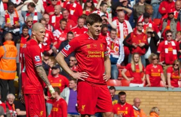 LIVERPOOL, ENGLAND - Sunday, April 27, 2014: Liverpool's captain Steven Gerrard looks dejected at the final whistle as Chelsea's ultra defensive play leads to a 2-0 victory during the Premiership match at Anfield. (Pic by David Rawcliffe/Propaganda)