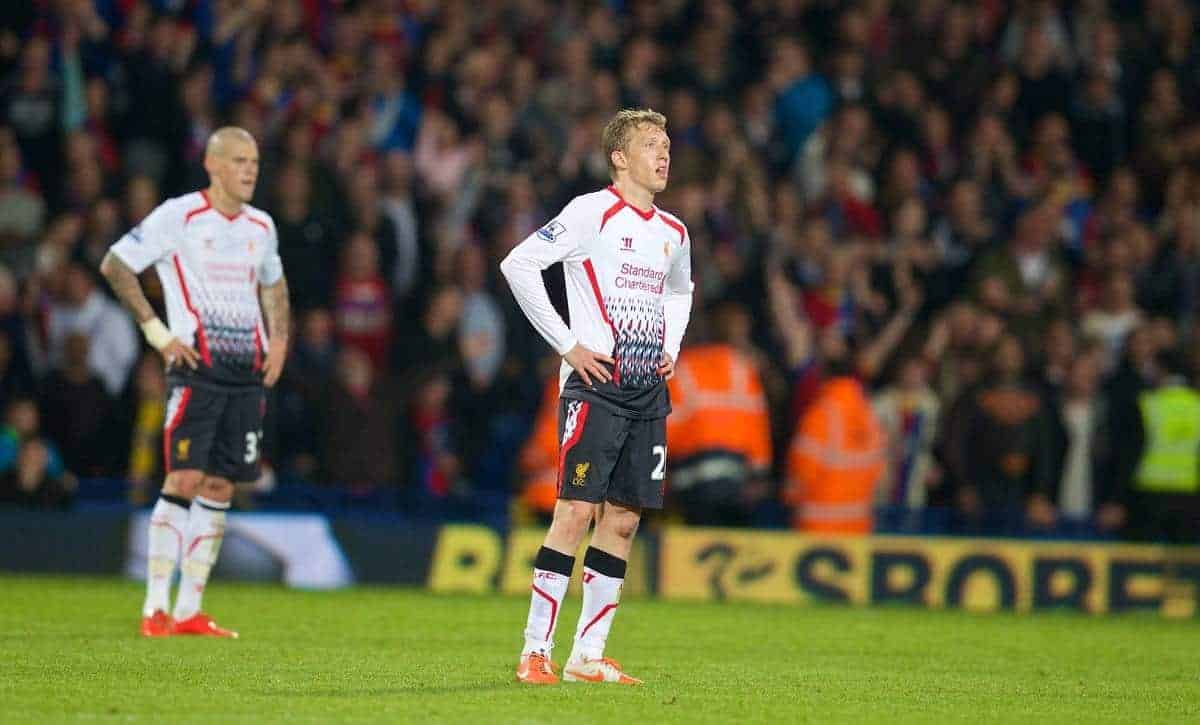 LONDON, ENGLAND - Monday, May 5, 2014: Liverpool's Lucas Leiva looks dejected looks dejected as Crystal Palace score the third goal during the Premiership match at Selhurst Park. (Pic by David Rawcliffe/Propaganda)