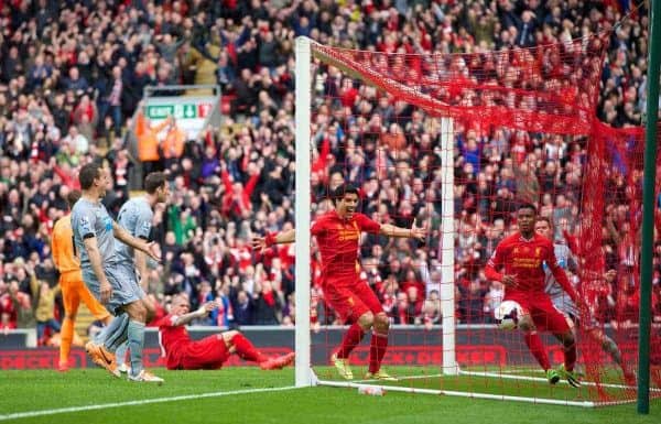 LIVERPOOL, ENGLAND - Sunday, May 11, 2014: Liverpool's Daniel Sturridge and Luis Suarez celebrates the second goal against Newcastle United, scored by Sturridge, during the Premiership match at Anfield. (Pic by David Rawcliffe/Propaganda)