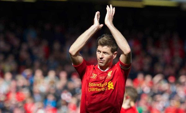 LIVERPOOL, ENGLAND - Sunday, May 11, 2014: Liverpool's captain Steven Gerrard applauds the supporters after the final game of the season, a 2-1 victory over Newcastle United, during the Premiership match at Anfield. (Pic by David Rawcliffe/Propaganda)