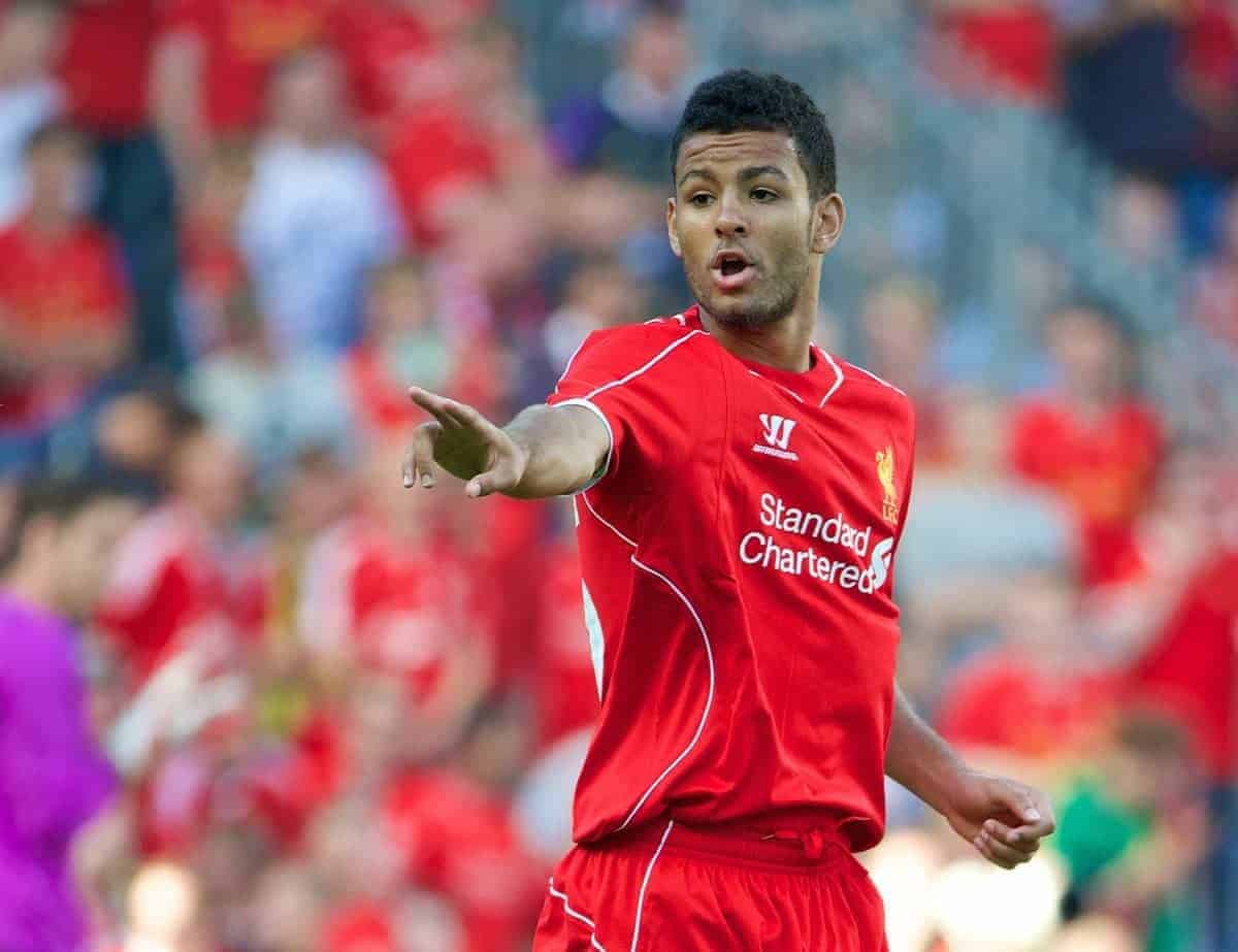 COPENHAGEN, DENMARK - Wednesday, July 16, 2014: Liverpool's Kevin Stewart makes his debut against Brondby IF during a preseason friendly match at Brøndby Stadion. (Pic by David Rawcliffe/Propaganda)