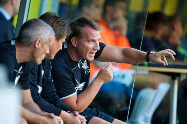 COPENHAGEN, DENMARK - Wednesday, July 16, 2014: Liverpool's manager Brendan Rodgers against Brondby IF during a preseason friendly match at Brøndby Stadion. (Pic by David Rawcliffe/Propaganda)