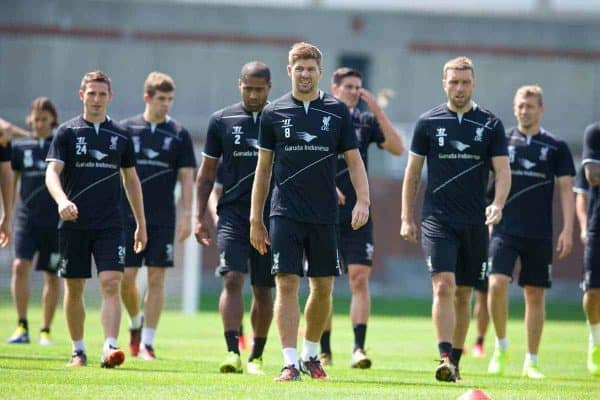 HARVARD, USA - Monday, July 21, 2014: Liverpool's captain Steven Gerrard leads his players during a preseason training session at the Harvard Stadium in Boston on day one of their USA Tour. (Pic by David Rawcliffe/Propaganda)