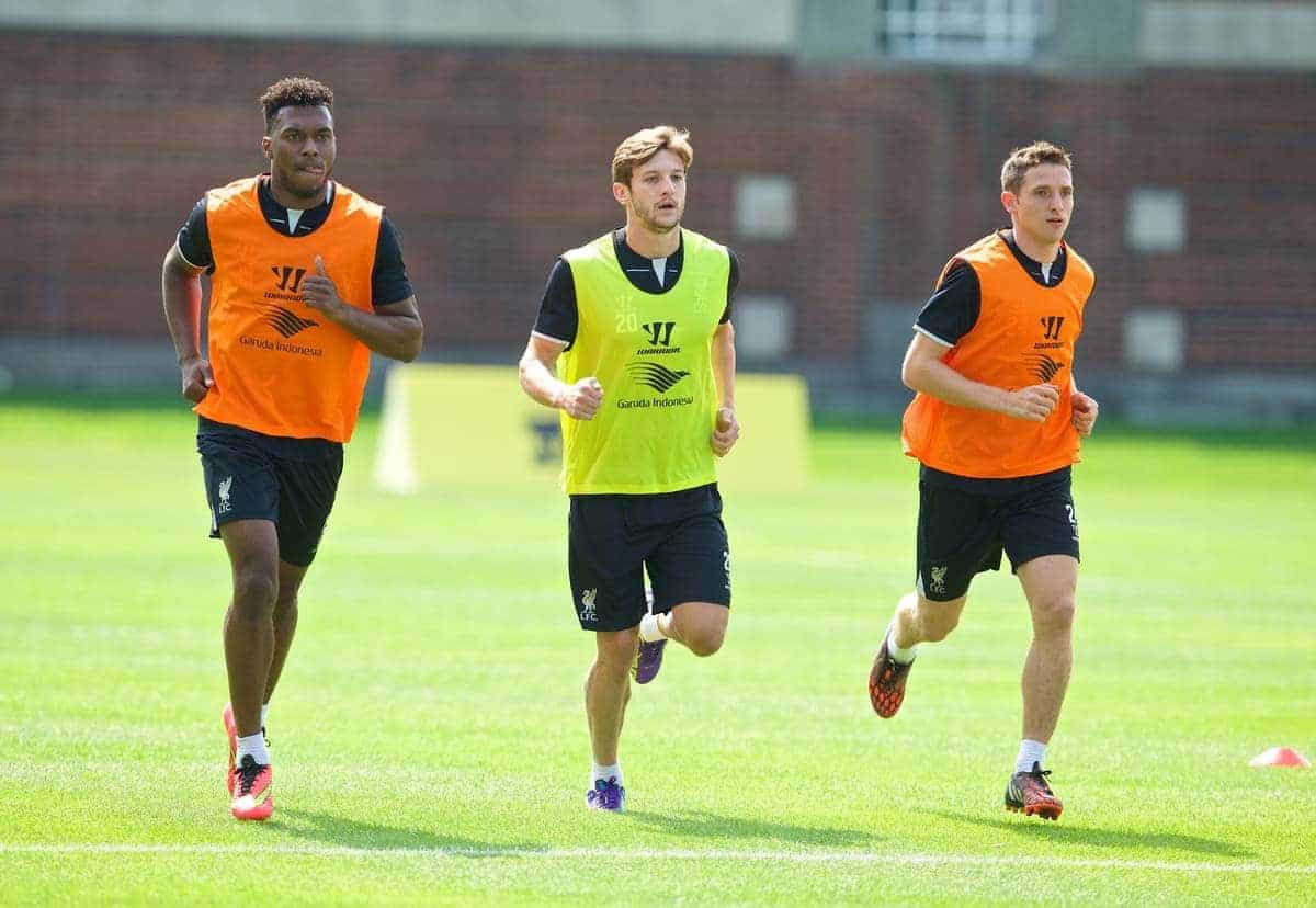 HARVARD, USA - Monday, July 21, 2014: Liverpool's Daniel Sturridge, Adam Lallana and Joe Allen during a preseason training session at the Harvard Stadium in Boston on day one of their USA Tour. (Pic by David Rawcliffe/Propaganda)