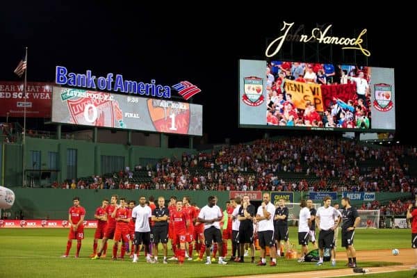 BOSTON, USA - Wednesday, July 23, 2014: Liverpool players look dejected after losing 1-0 to AS Roma at Fenway Park on day three of the club's USA Tour. (Pic by David Rawcliffe/Propaganda)