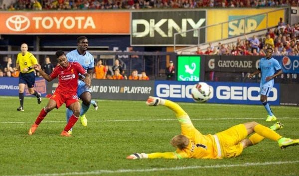 NEW YORK, USA - Wednesday, July 30, 2014: Liverpool's Raheem Sterling scores the second goal against Manchester City during the International Champions Cup Group B match at the Yankee Stadium on day ten of the club's USA Tour. (Pic by David Rawcliffe/Propaganda)