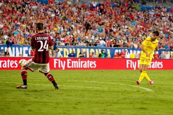 CHARLOTTE, USA - Saturday, August 2, 2014: Liverpool's 'Suso' Jesus Joaquin Fernandez Saenz De La Torre scores the second goal against AC Milan during the International Champions Cup Group B match at the Bank of America Stadium on day thirteen of the club's USA Tour. (Pic by David Rawcliffe/Propaganda)