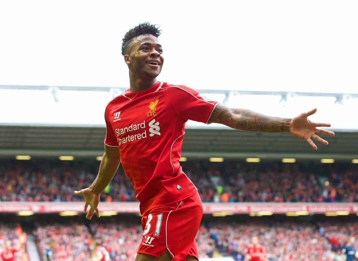 LIVERPOOL, ENGLAND - Sunday, August 17, 2014: Liverpool's Raheem Sterling celebrates scoring the first goal against Southampton during the Premier League match at Anfield. (Pic by David Rawcliffe/Propaganda)