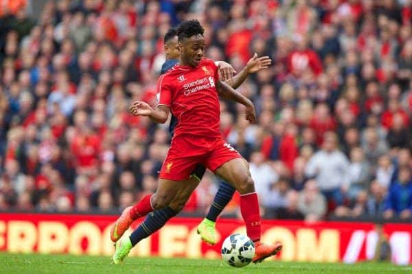 LIVERPOOL, ENGLAND - Sunday, August 17, 2014: Liverpool's Raheem Sterling scores the first goal against Southampton during the Premier League match at Anfield. (Pic by David Rawcliffe/Propaganda)