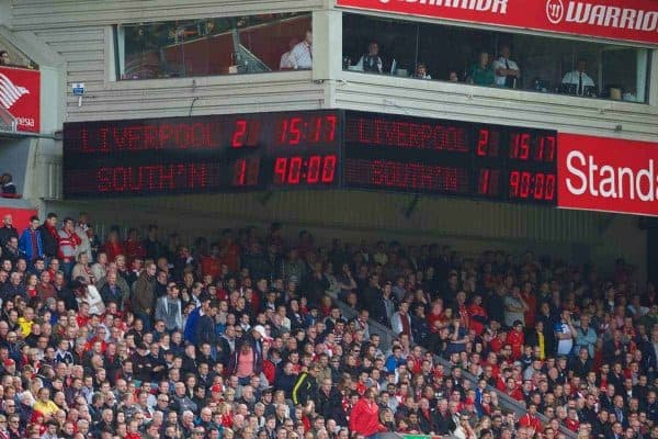 LIVERPOOL, ENGLAND - Sunday, August 17, 2014: Liverpool's scoreboard records the 2-1 victory over Southampton during the Premier League match at Anfield. (Pic by David Rawcliffe/Propaganda)