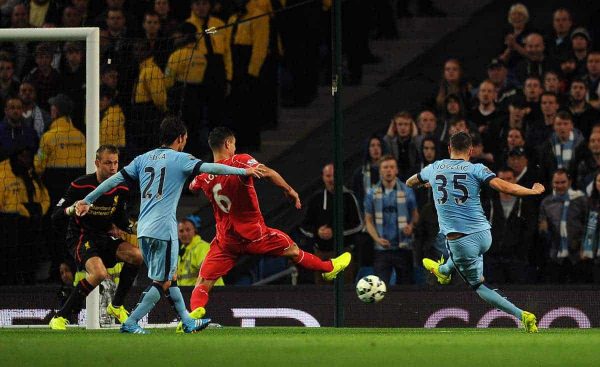 MANCHESTER, ENGLAND - Monday, August 25, 2014: Liverpool's xxxx in action against Manchester City during the Premier League match at the City of Manchester Stadium. (Pic by Chris Brunskill/Propaganda)