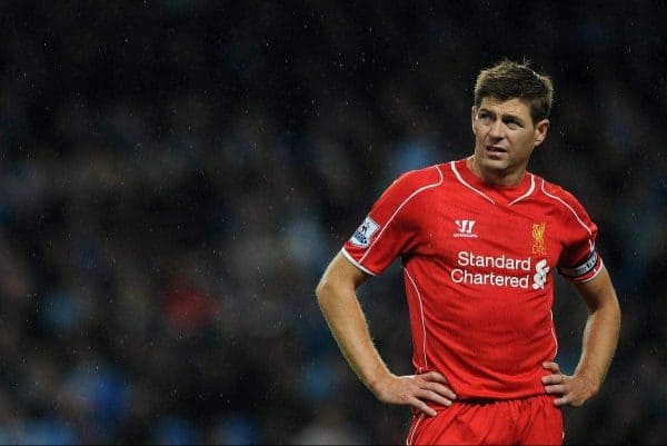 MANCHESTER, ENGLAND - Monday, August 25, 2014: Liverpool's Steven Gerrard looks dejected during the Premier League match at the City of Manchester Stadium. (Pic by Chris Brunskill/Propaganda)