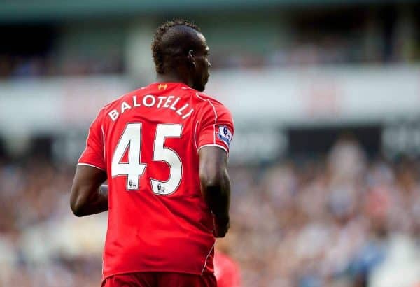 LONDON, ENGLAND - Sunday, August 31, 2014: Liverpool's Mario Balotelli in action against Tottenham Hotspur during the Premier League match at White Hart Lane. (Pic by David Rawcliffe/Propaganda)