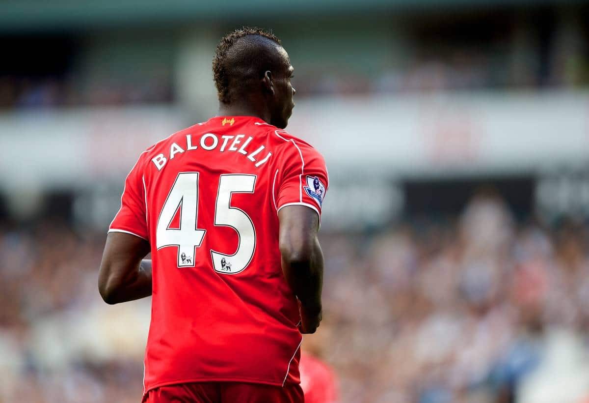 LONDON, ENGLAND - Sunday, August 31, 2014: Liverpool's Mario Balotelli in action against Tottenham Hotspur during the Premier League match at White Hart Lane. (Pic by David Rawcliffe/Propaganda)