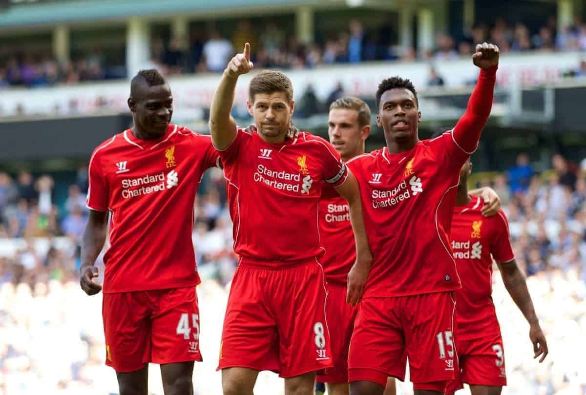 LONDON, ENGLAND - Sunday, August 31, 2014: Liverpool's captain Steven Gerrard celebrates scoring the second goal against Tottenham Hotspur from the penalty spot with team-mates Daniel Sturridge and Mario Balotelli during the Premier League match at White Hart Lane. (Pic by David Rawcliffe/Propaganda)