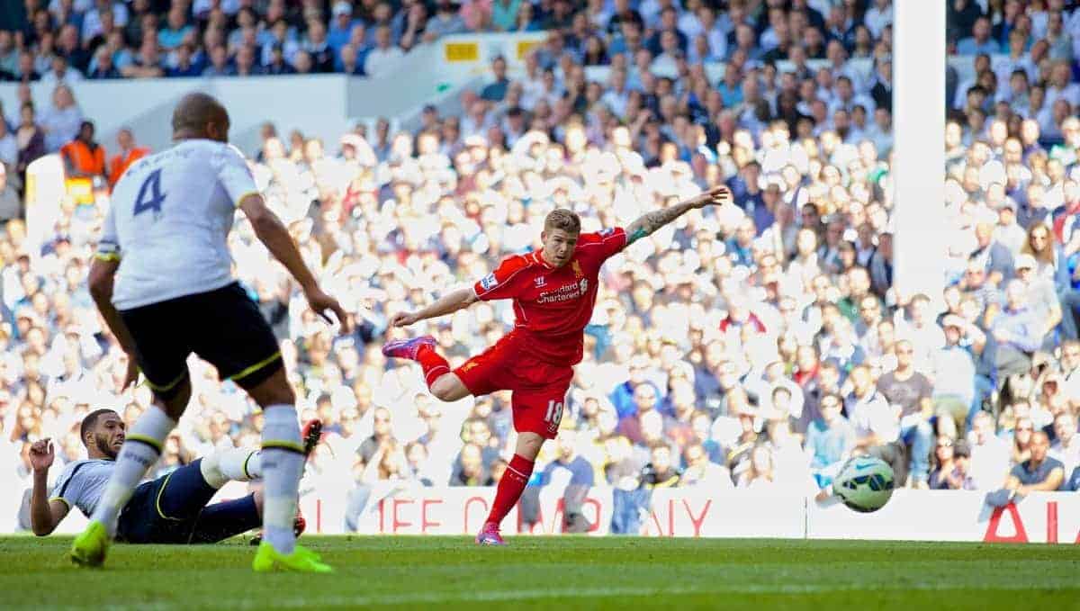 LONDON, ENGLAND - Sunday, August 31, 2014: Liverpool's Alberto Moreno scores the third goal against Tottenham Hotspur during the Premier League match at White Hart Lane. (Pic by David Rawcliffe/Propaganda)