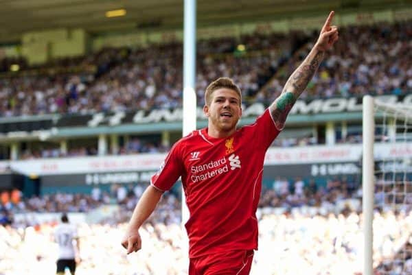 LONDON, ENGLAND - Sunday, August 31, 2014: Liverpool's Alberto Moreno celebrates scoring the third goal against Tottenham Hotspur during the Premier League match at White Hart Lane. (Pic by David Rawcliffe/Propaganda)