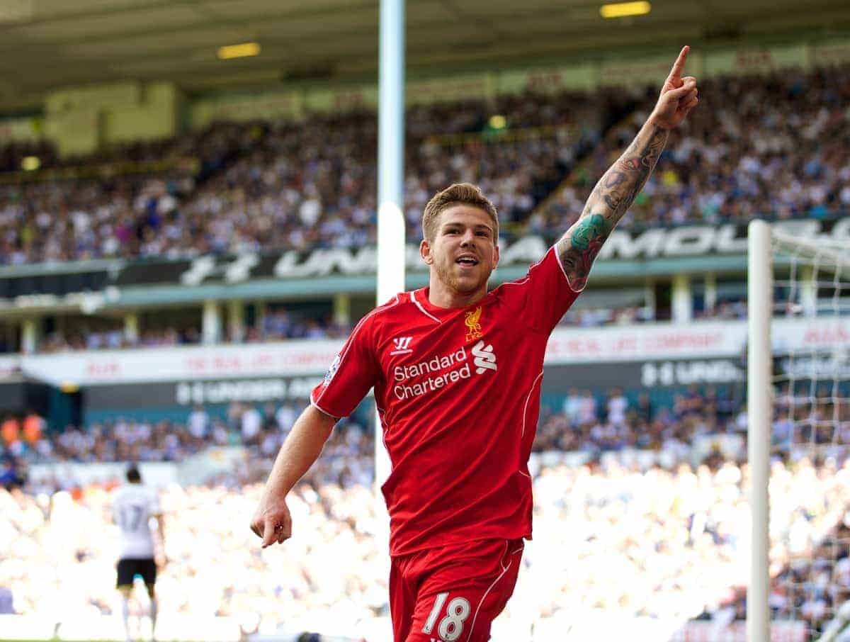 LONDON, ENGLAND - Sunday, August 31, 2014: Liverpool's Alberto Moreno celebrates scoring the third goal against Tottenham Hotspur during the Premier League match at White Hart Lane. (Pic by David Rawcliffe/Propaganda)