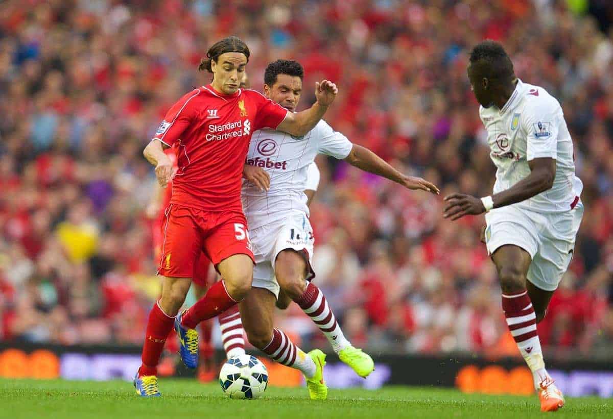 LIVERPOOL, ENGLAND - Saturday, September 13, 2014: Liverpool's Lazar Markovic in action against Aston Villa during the Premier League match at Anfield. (Pic by David Rawcliffe/Propaganda)