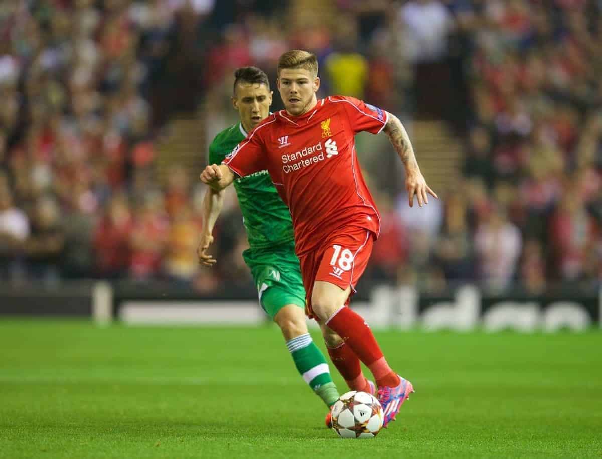 LIVERPOOL, ENGLAND - Tuesday, September 16, 2014: Liverpool's Alberto Moreno in action against PFC Ludogorets Razgrad during the UEFA Champions League Group B match at Anfield. (Pic by David Rawcliffe/Propaganda)