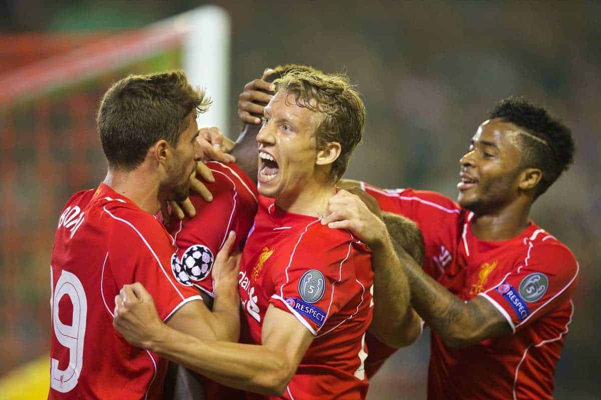 LIVERPOOL, ENGLAND - Tuesday, September 16, 2014: Liverpool's Mario Balotelli celebrates scoring the first goal against PFC Ludogorets Razgrad with team-mates Fabio Borini, Lucas Leiva and Raheem Sterling during the UEFA Champions League Group B match at Anfield. (Pic by David Rawcliffe/Propaganda)