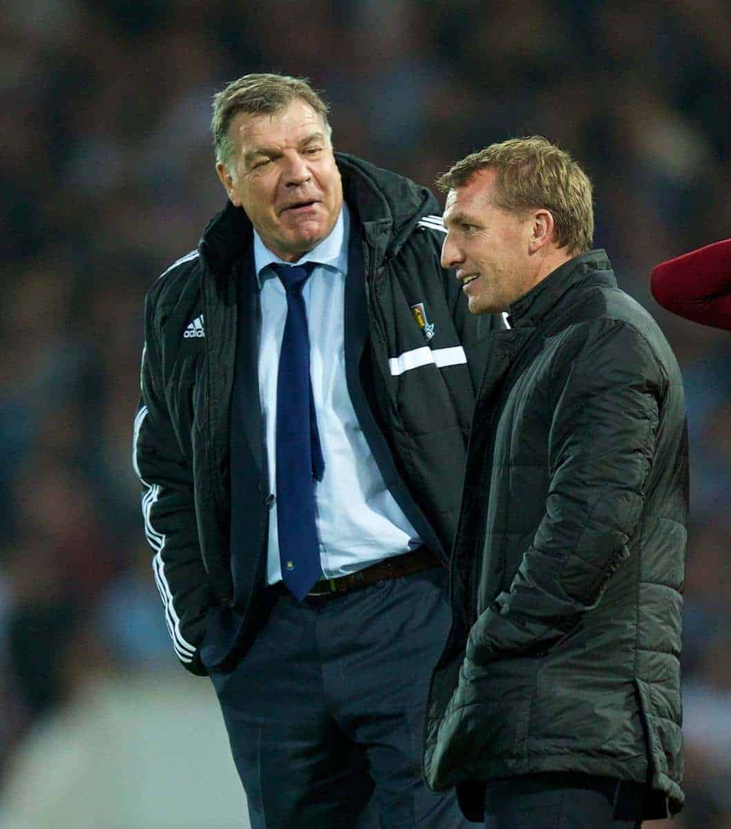LONDON, ENGLAND - Saturday, September 20, 2014: Liverpool's manager Brendan Rodgers and West Ham United's manager Sam Allardyce during the Premier League match at Upton Park. (Pic by David Rawcliffe/Propaganda)
