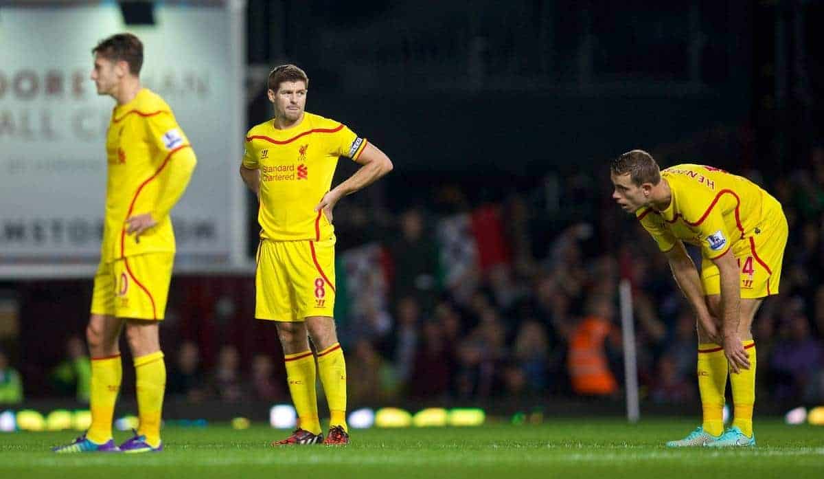 LONDON, ENGLAND - Saturday, September 20, 2014: Liverpool's captain Steven Gerrard looks dejected as West Ham United score the third goal during the Premier League match at Upton Park. (Pic by David Rawcliffe/Propaganda)