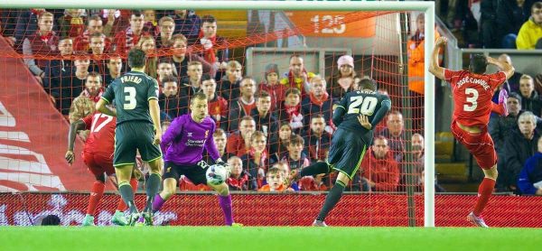 LIVERPOOL, ENGLAND - Tuesday, September 23, 2014: Middlesbrough's Adam Reach scores the first goal against Liverpool to equalise and level the score at 1-1 during the Football League Cup 3rd Round match at Anfield. (Pic by David Rawcliffe/Propaganda)