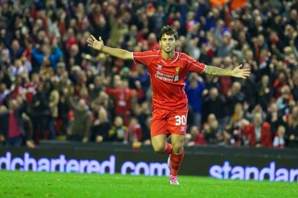 LIVERPOOL, ENGLAND - Tuesday, September 23, 2014: Liverpool's 'Suso' Jesus Joaquin Fernandez Saenz De La Torre celebrates scoring the second goal against Middlesbrough during the Football League Cup 3rd Round match at Anfield. (Pic by David Rawcliffe/Propaganda)