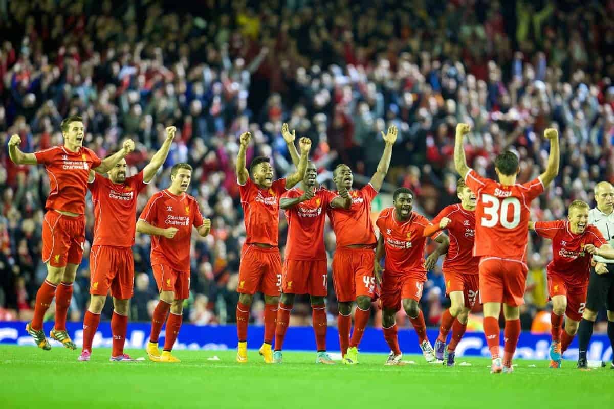 LIVERPOOL, ENGLAND - Tuesday, September 23, 2014: Liverpool players celebrate after winning the penalty shoot-out against Middlesbrough following a 2-2 draw during the Football League Cup 3rd Round match at Anfield. (Pic by David Rawcliffe/Propaganda)