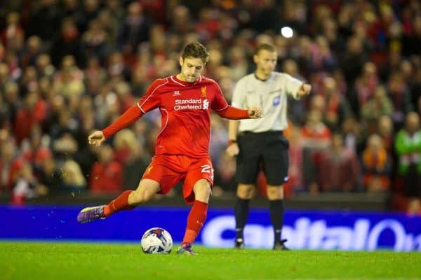 LIVERPOOL, ENGLAND - Tuesday, September 23, 2014: Liverpool's Adam Lallana scores the third penalty against Middlesbrough during the shoot-out during the Football League Cup 3rd Round match at Anfield. (Pic by David Rawcliffe/Propaganda)