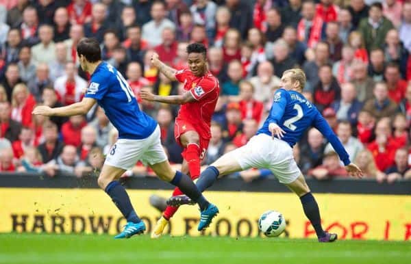 LIVERPOOL, ENGLAND - Friday, September 26, 2014: Liverpool's Raheem Sterling in action against Everton during the Premier League match at Anfield. (Pic by David Rawcliffe/Propaganda)