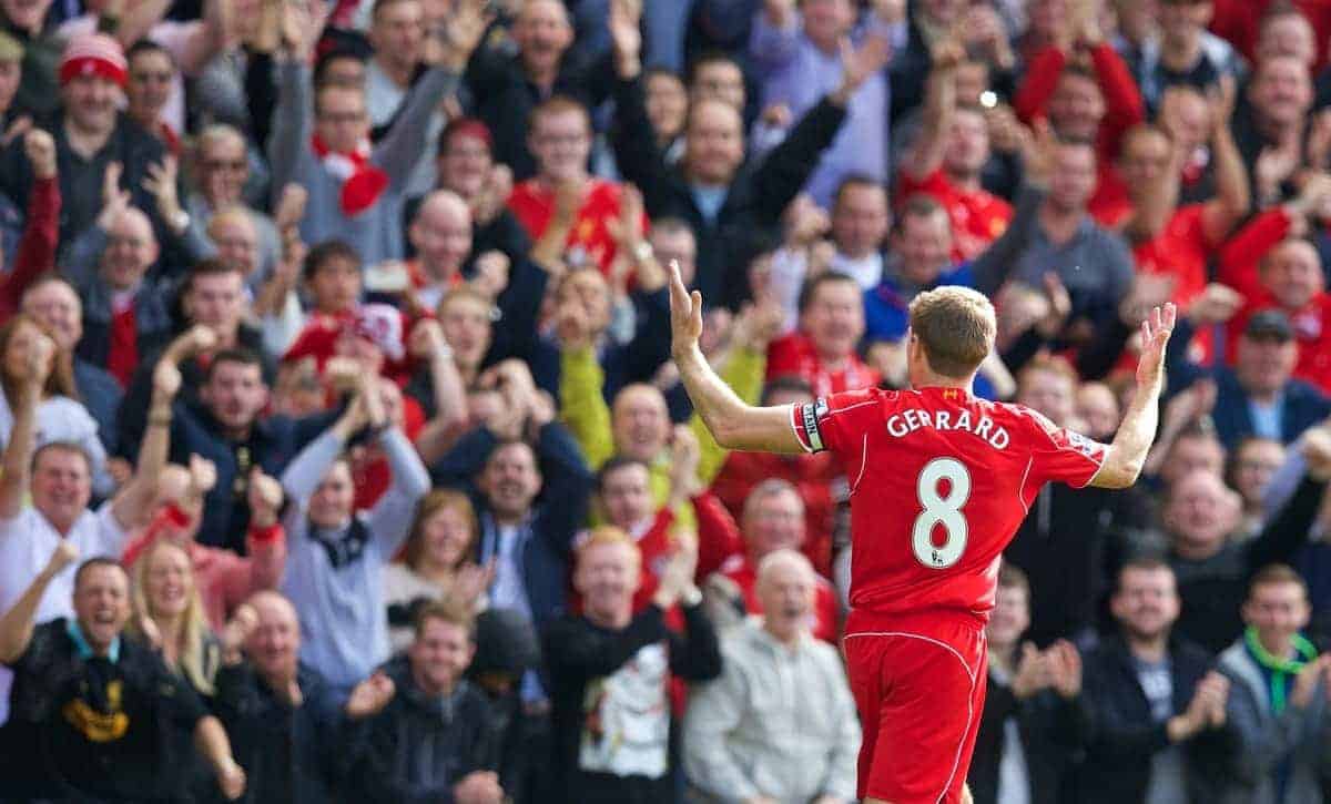 LIVERPOOL, ENGLAND - Friday, September 26, 2014: Liverpool's captain Steven Gerrard celebrates scoring the first goal against Everton during the Premier League match at Anfield. (Pic by David Rawcliffe/Propaganda)