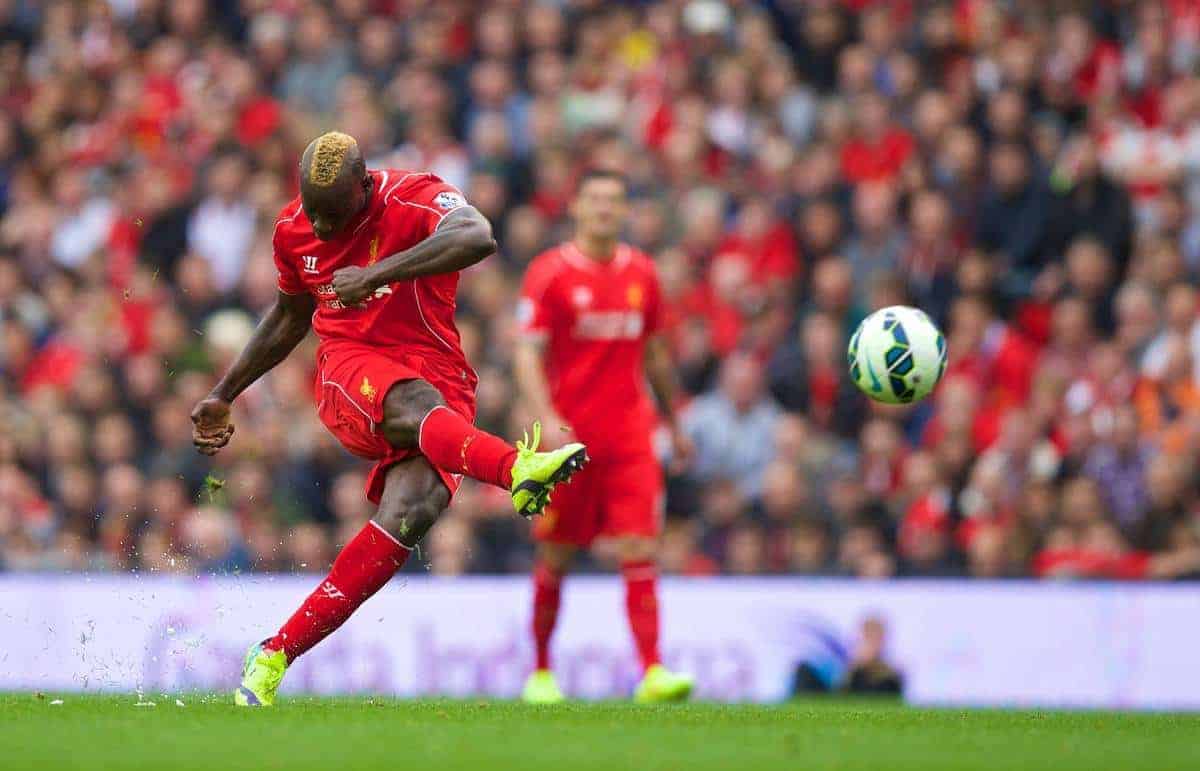 LIVERPOOL, ENGLAND - Friday, September 26, 2014: Liverpool's Mario Balotelli in action against Everton during the Premier League match at Anfield. (Pic by David Rawcliffe/Propaganda)
