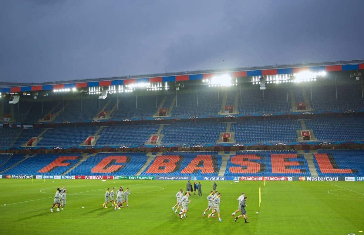 BASEL, SWITZERLAND - Tuesday, September 30, 2014: Liverpool players during a training session at the St. Jakob Stadium ahead of the UEFA Champions League Group B match against FC Basel. (Pic by David Rawcliffe/Propaganda)