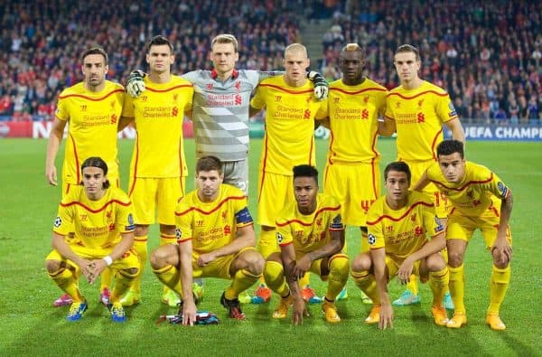 BASEL, SWITZERLAND - Wednesday, October 1, 2014: Liverpool's players line up for a team group photograph before the UEFA Champions League Group B match against FC Basel at the St. Jakob-Park Stadium. Back row L-R: Jose Enrique, Dejan Lovren, goalkeeper Simon Mignolet, Martin Skrtel, Mario Balotelli, Jordan Henderson. Front row L-R: Lazar Markovic, captain Steven Gerrard, Raheem Sterling, Javier Manquillo, Philippe Coutinho Correia. (Pic by David Rawcliffe/Propaganda)