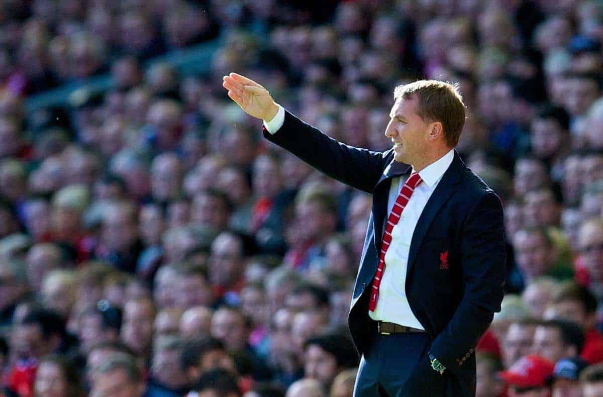 LIVERPOOL, ENGLAND - Saturday, October 4, 2014: Liverpool's manager Brendan Rodgers against West Bromwich Albion during the Premier League match at Anfield. (Pic by David Rawcliffe/Propaganda)