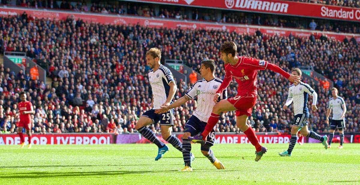 LIVERPOOL, ENGLAND - Saturday, October 4, 2014: Liverpool's Adam Lallana scores the first goal against West Bromwich Albion during the Premier League match at Anfield. (Pic by David Rawcliffe/Propaganda)