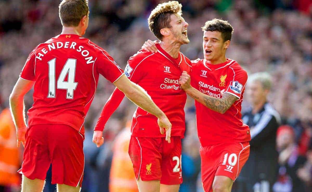 LIVERPOOL, ENGLAND - Saturday, October 4, 2014: Liverpool's Adam Lallana scores the first goal against West Bromwich Albion during the Premier League match at Anfield. (Pic by David Rawcliffe/Propaganda)