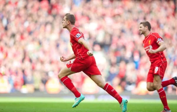 LIVERPOOL, ENGLAND - Saturday, October 4, 2014: Liverpool's Jordan Henderson celebrates scoring the second goal against West Bromwich Albion during the Premier League match at Anfield. (Pic by David Rawcliffe/Propaganda)