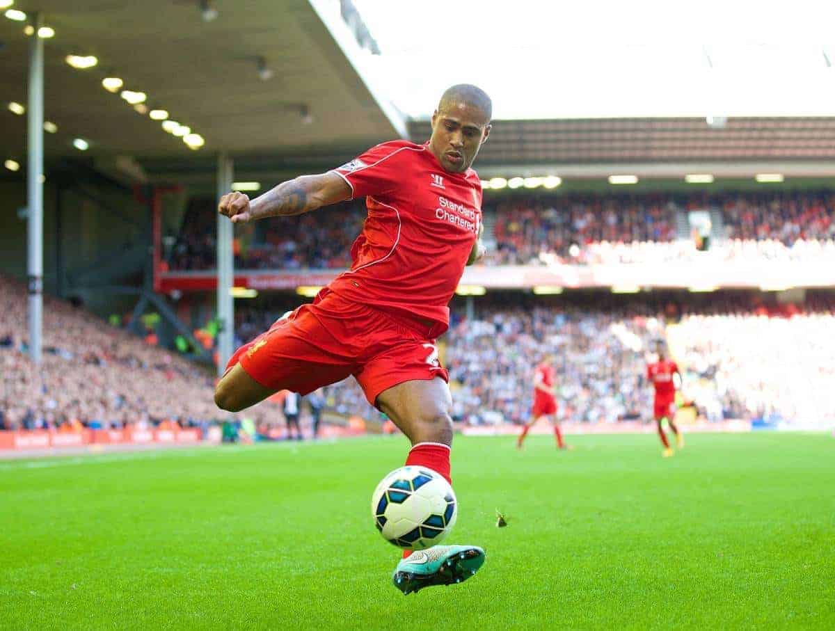 LIVERPOOL, ENGLAND - Saturday, October 4, 2014: Liverpool's Glen Johnson in action against West Bromwich Albion during the Premier League match at Anfield. (Pic by David Rawcliffe/Propaganda)