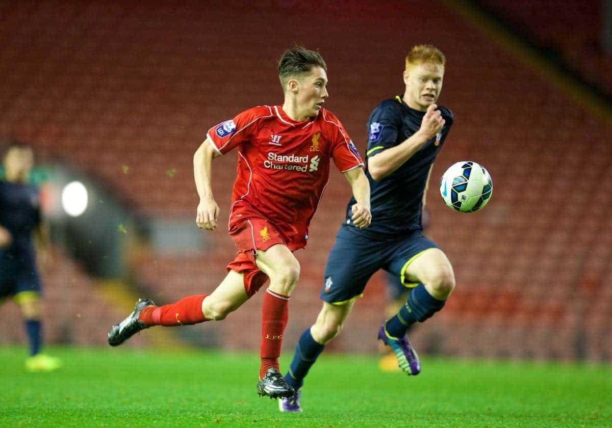 ANFIELD, ENGLAND - Thursday, October 16, 2014: Liverpool's Harry Wilson in action against Southampton's Will Wood during the Under 21 FA Premier League match at Anfield. (Pic by David Rawcliffe/Propaganda)