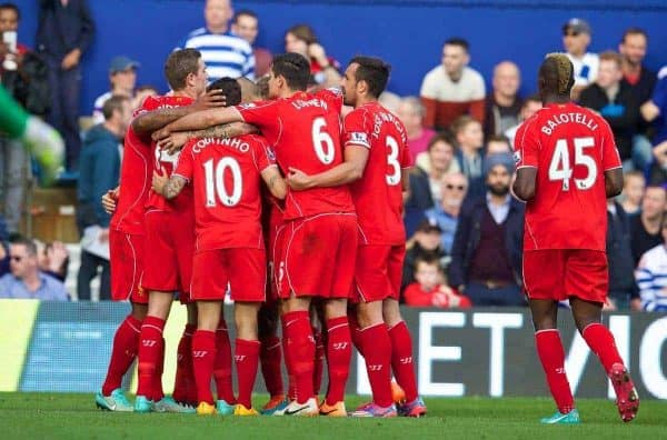 LONDON, ENGLAND - Sunday, October 19, 2014: Liverpool players celebrate the first goal against Queens Park Rangers during the Premier League match at Loftus Road. (Pic by David Rawcliffe/Propaganda)