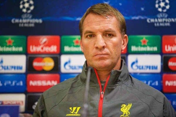 LIVERPOOL, ENGLAND - Tuesday, October 21, 2014: Liverpool's manager Brendan Rodgers during a press conference ahead of the UEFA Champions League Group B match against Real Madrid at Anfield. (Pic by David Rawcliffe/Propaganda)