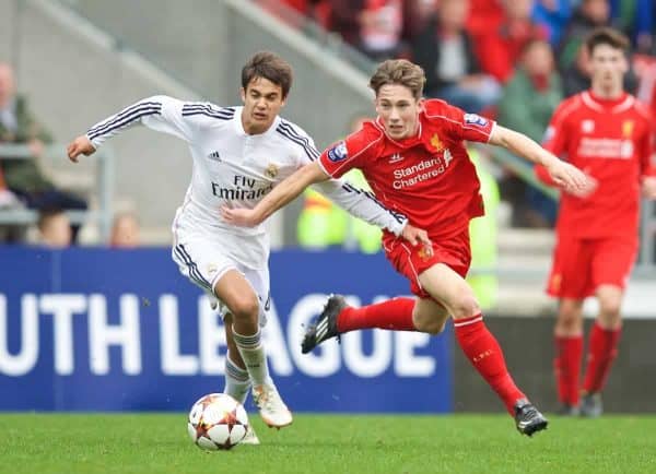 LIVERPOOL, ENGLAND - Wednesday, October 22, 2014: Liverpool's Harry Wilson in action against Real Madrid CF's Sergio Reguilon during the UEFA Youth League Group B match at Langtree Park. (Pic by David Rawcliffe/Propaganda)