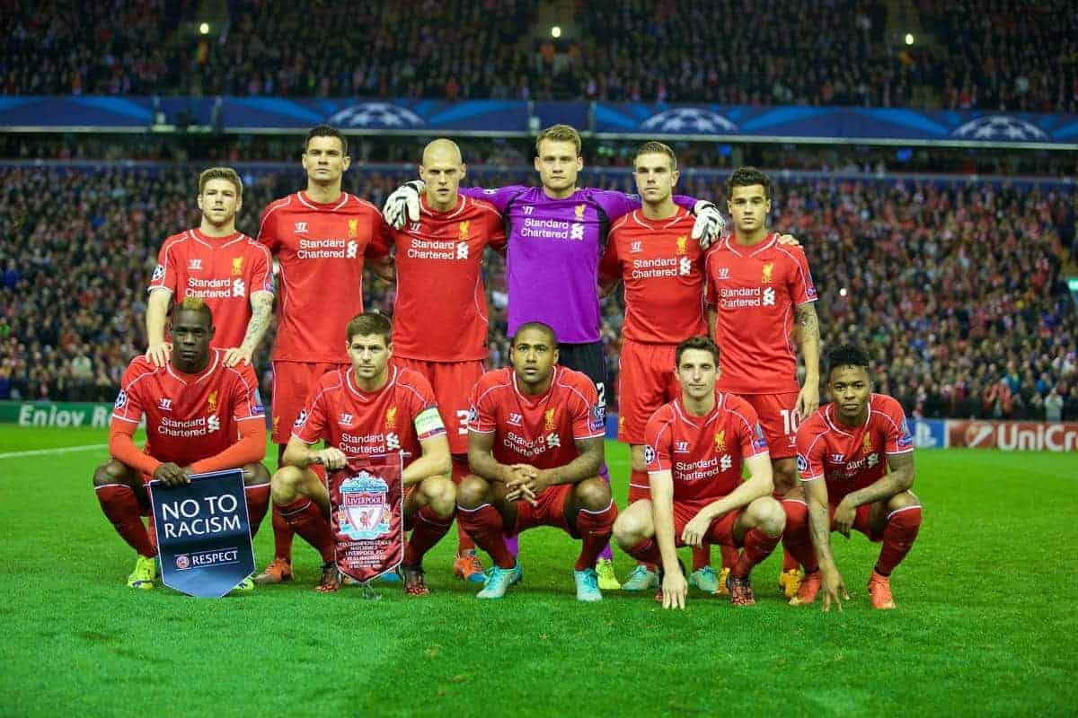 LIVERPOOL, ENGLAND - Wednesday, October 22, 2014: Liverpool's players line up for a team group photograph before the UEFA Champions League Group B match against Real Madrid CF at Anfield. Back row L-R: Alberto Moreno, Dejan Lovren, Martin Skrtel, goalkeeper Simon Mignolet, Jordan Henderson, Philippe Coutinho Correia. Front row L-R: Mario Balotelli, captain Steven Gerrard, Glen Johnson, Joe Allen, Raheem Sterling (Pic by David Rawcliffe/Propaganda)