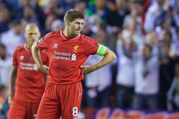 LIVERPOOL, ENGLAND - Wednesday, October 22, 2014: Liverpool's captain Steven Gerrard looks dejected as Real Madrid CF score the second goal during the UEFA Champions League Group B match at Anfield. (Pic by David Rawcliffe/Propaganda)