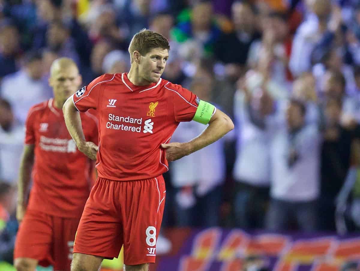 LIVERPOOL, ENGLAND - Wednesday, October 22, 2014: Liverpool's captain Steven Gerrard looks dejected as Real Madrid CF score the second goal during the UEFA Champions League Group B match at Anfield. (Pic by David Rawcliffe/Propaganda)