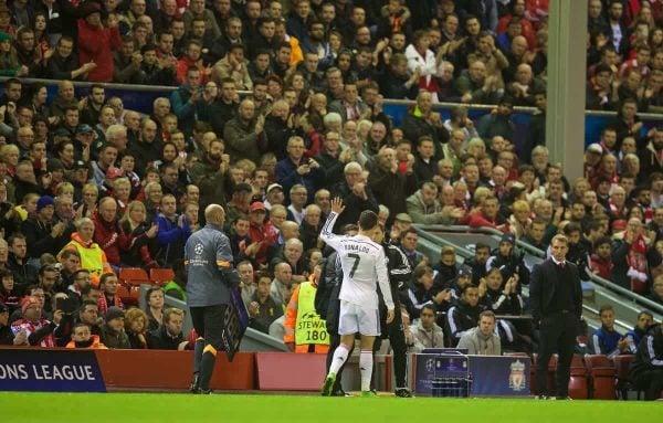 LIVERPOOL, ENGLAND - Wednesday, October 22, 2014: Real Madrid CF's Cristiano Ronaldo is applauded off the pitch by Liverpool supporters during the UEFA Champions League Group B match at Anfield. (Pic by David Rawcliffe/Propaganda)